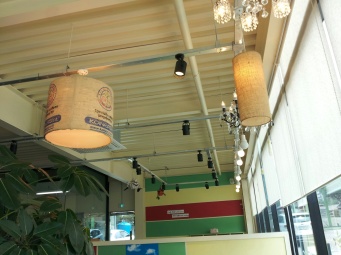 The burlap coffee sacks as lampshades is a nice touch.